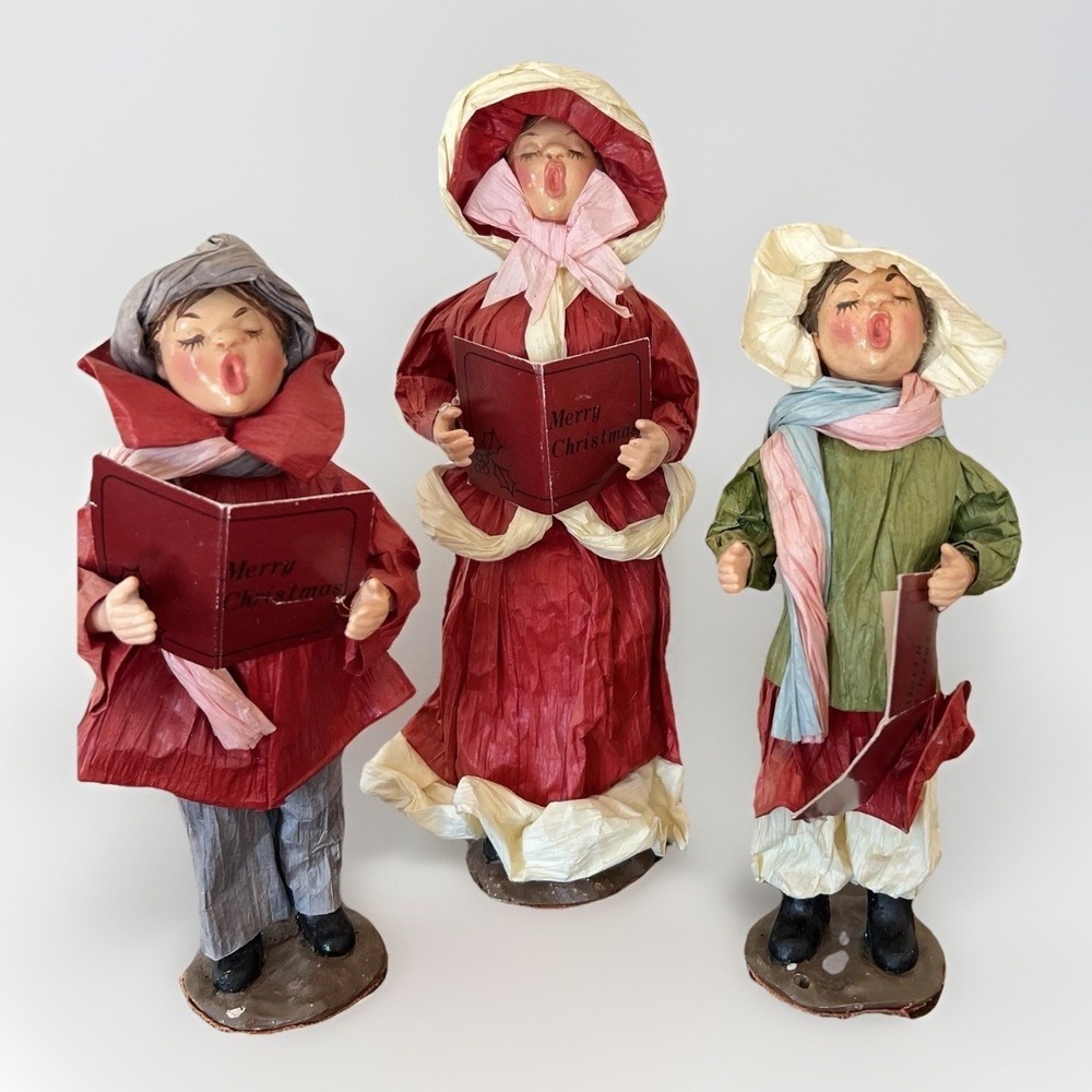 Vintage Traditions Paper Mache Christmas Caroler Figures Set of 3 Hand Painted